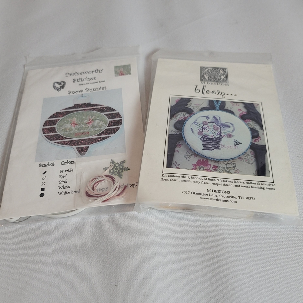 Cross Stitch Kit Vintage 2pc Lot Snowbunnies And Bloom Flower Basket